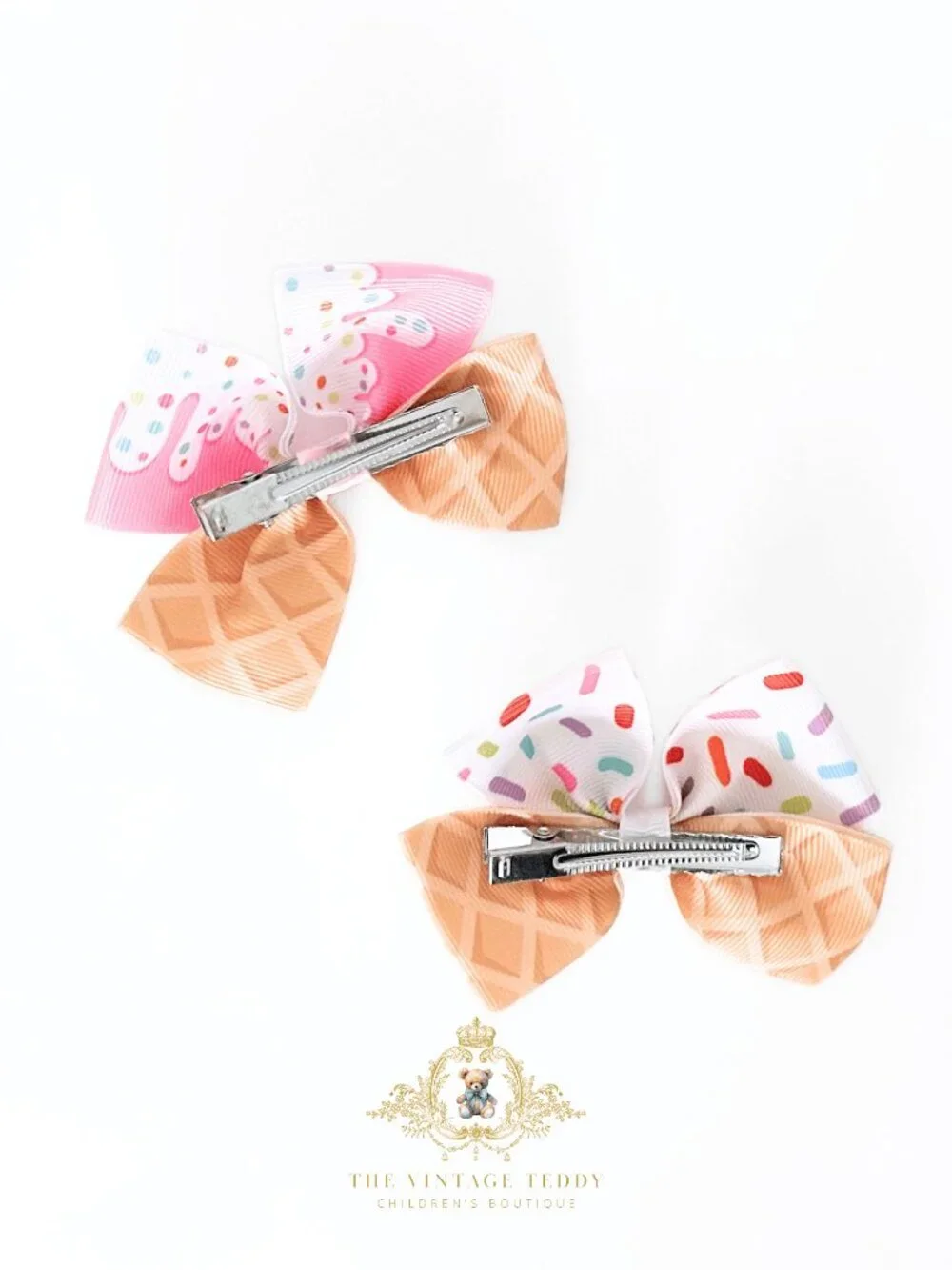 NWT Cute & Sweet Girls Hair Bows Grosgrain Ribbon Ice Cream & Sprinkles Set of 2